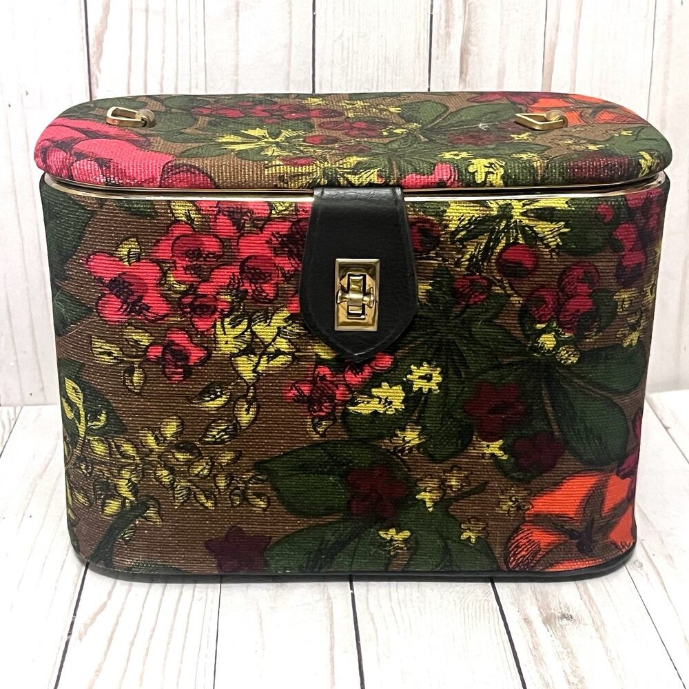 Vintage 1960s Celebrity Inc Floral Tapestry Train Case Vanity Mirror Made USA